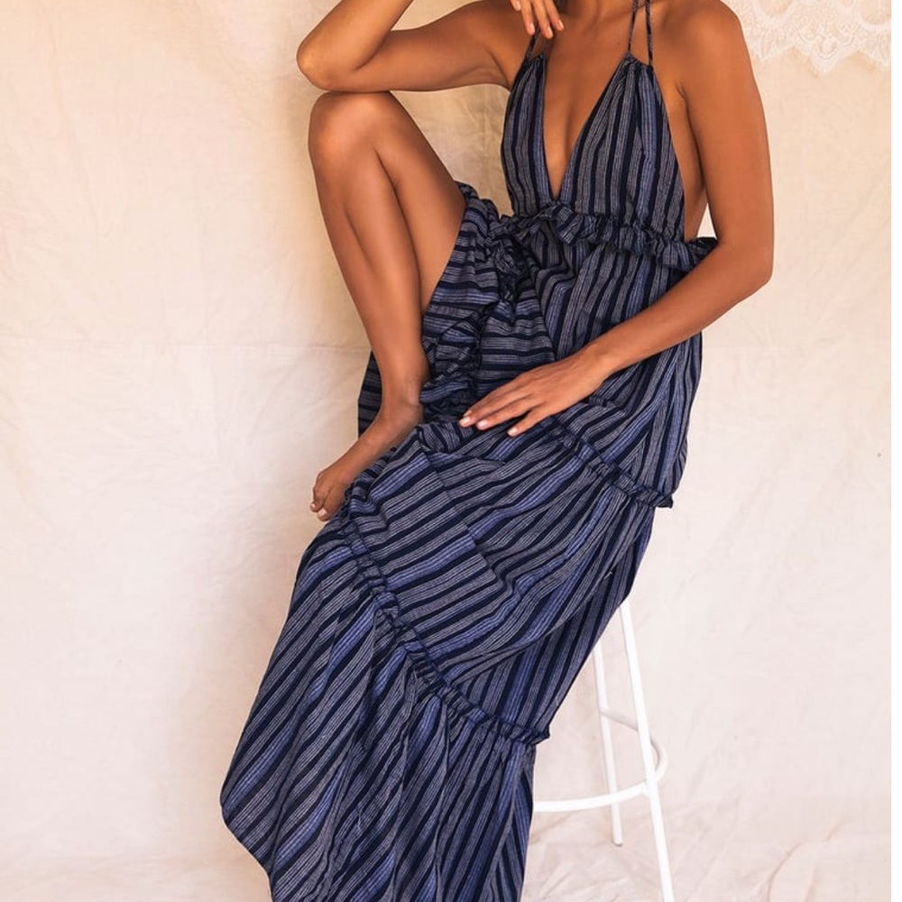 Vacay Babe Navy Blue Striped Halter Maxi Dress